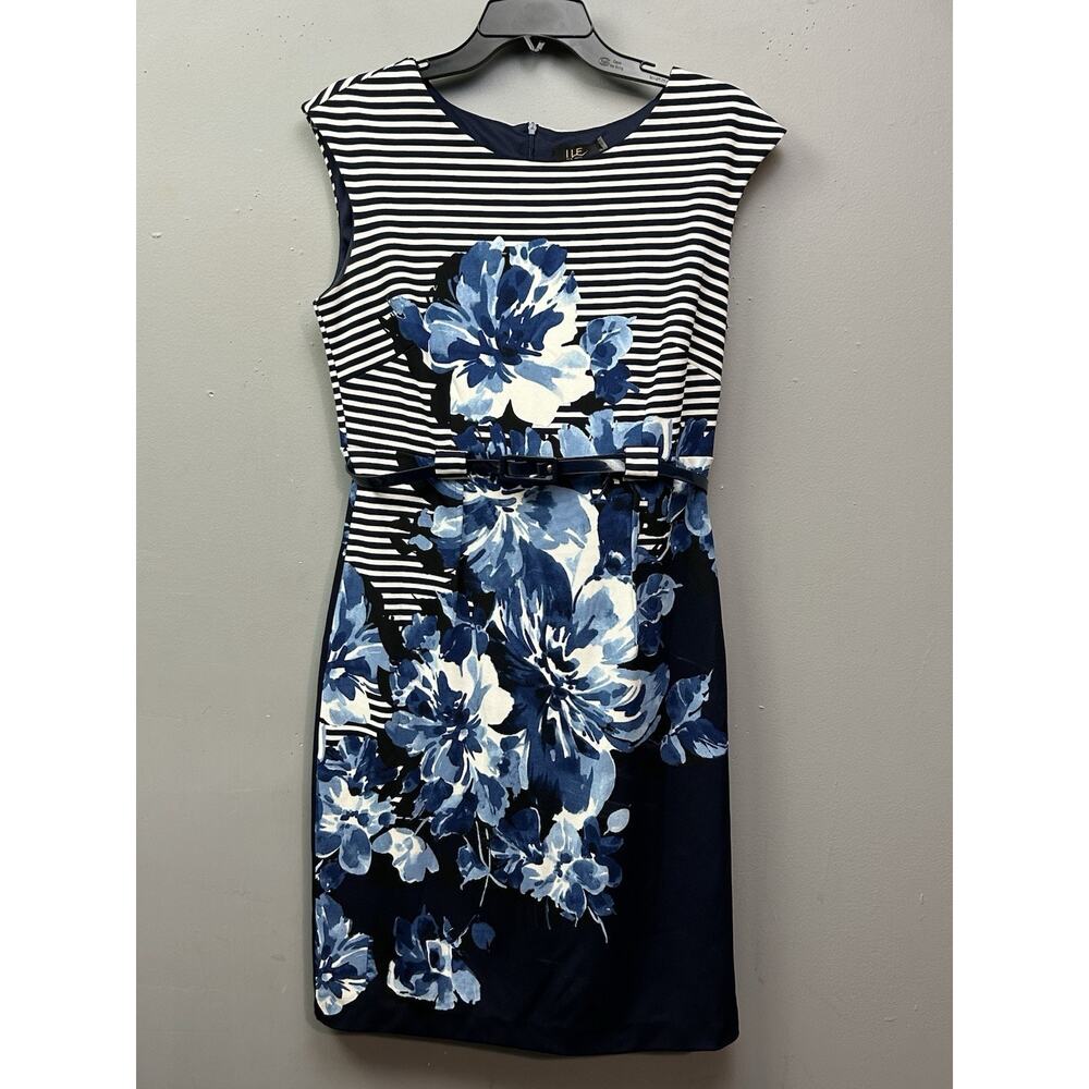 ILE New York Dress Womens 8 Blue Floral Sheath Sleeveless Belted Striped Career